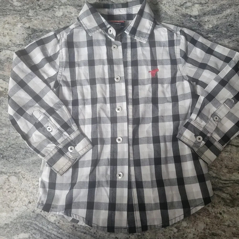 Wrangler Black White Plaid Button Down Shirt Boy's 2T Long Sleeve Red Horse